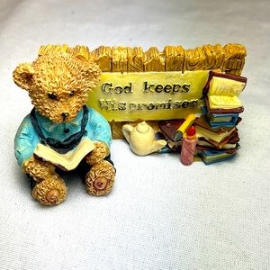 ⭐️ Dolgencorp Bear figurine resin painted sing says God keeps his promises